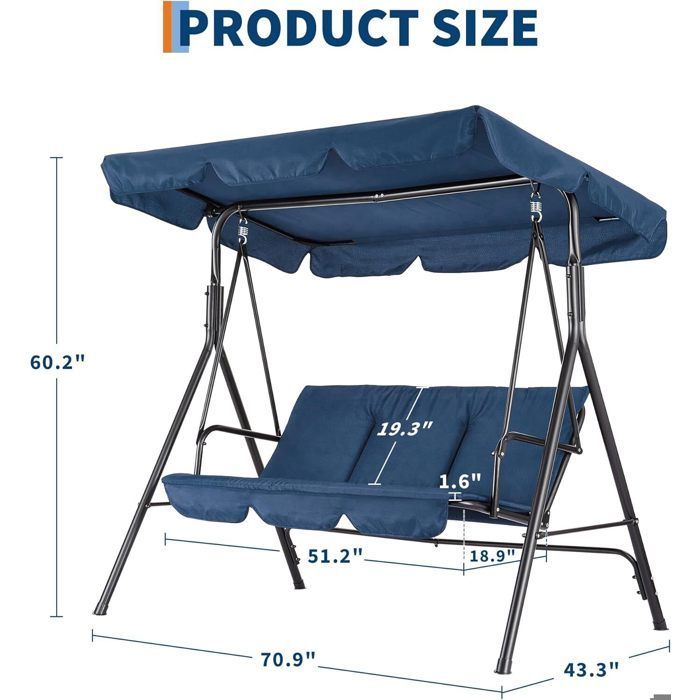 HOLA - Columpio de jardín independiente para 3 personas con toldo impermeable ajustable para jardín y patio - Carga máxima 210 kg - AZUL