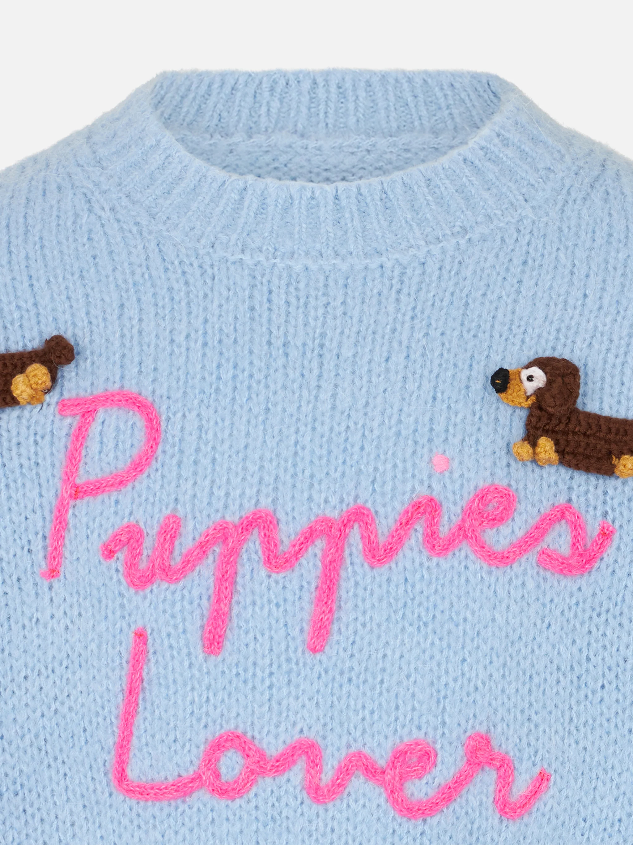 Maglione morbida girocollo da bambina con patch cani all'uncinetto e r