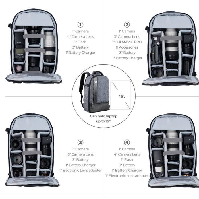 K&F Concept Camera Backpack for DSLR, Laptop, and Tripod Accessories - Black for Canon, Nikon, Sony, and Olympus - Gray