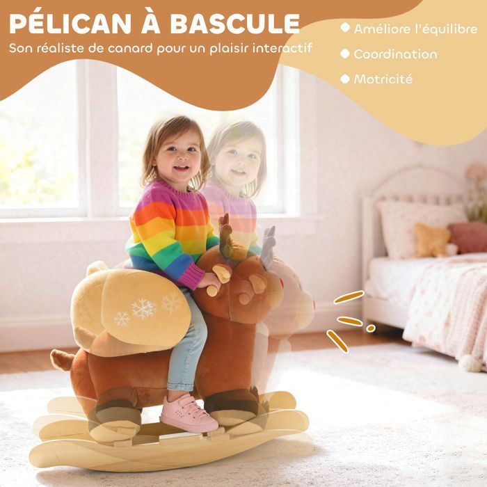 Cheval à bascule pour enfants - AIYAPLAY - berceuses, ceinture de sécurité - polyester - 65 x 35 x 59 cm - marron