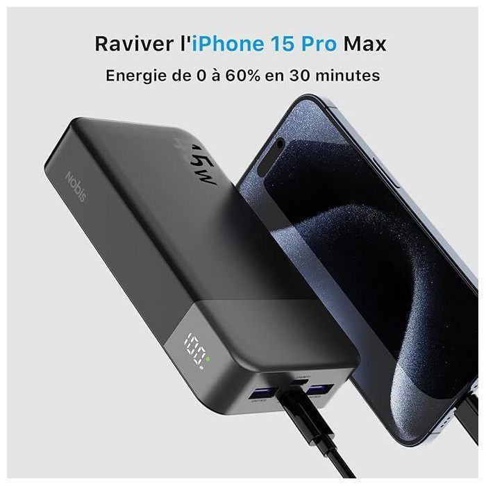 Batterie Externe 20000mAh 45W Nobis, Power Bank 4 Ports , Recharge Rapide , Écran LED Digital, Compatible MacBook Téléphone Noir