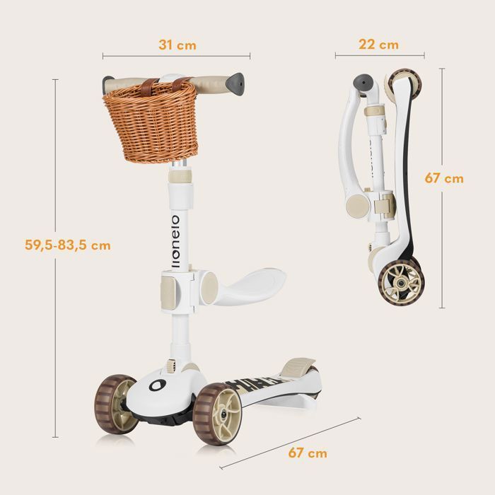Draisienne enfant - LIONELO - Franky - Grandes roues éclairées - Pliable - Panier à accessoires