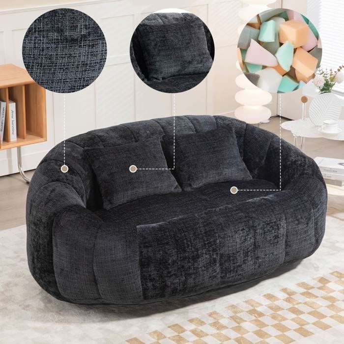 Sofá puf de 2 plazas LEMONBEST 150×95×63 cm - Chenilla negra, espuma viscoelástica