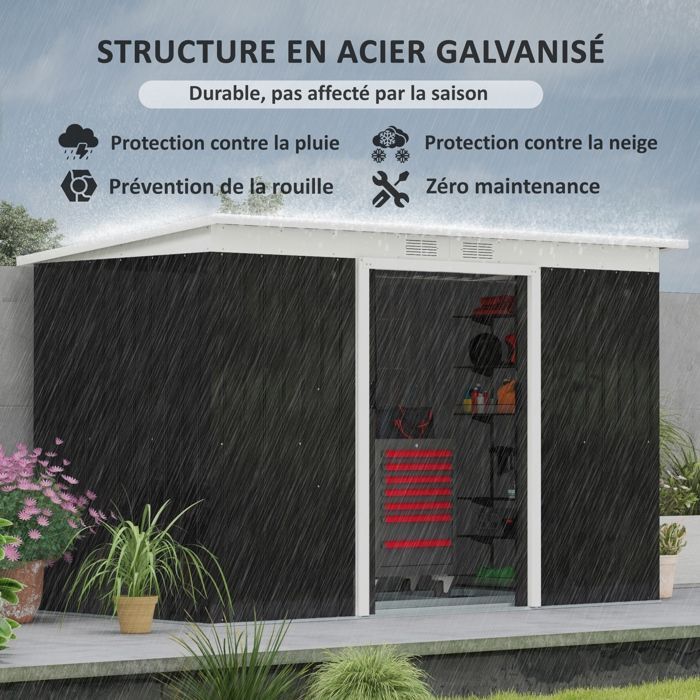 Caseta de jardín Outsunny XXL de acero galvanizado de 3,6 m² con base y puertas correderas - acero - 280x130x172cm - negro
