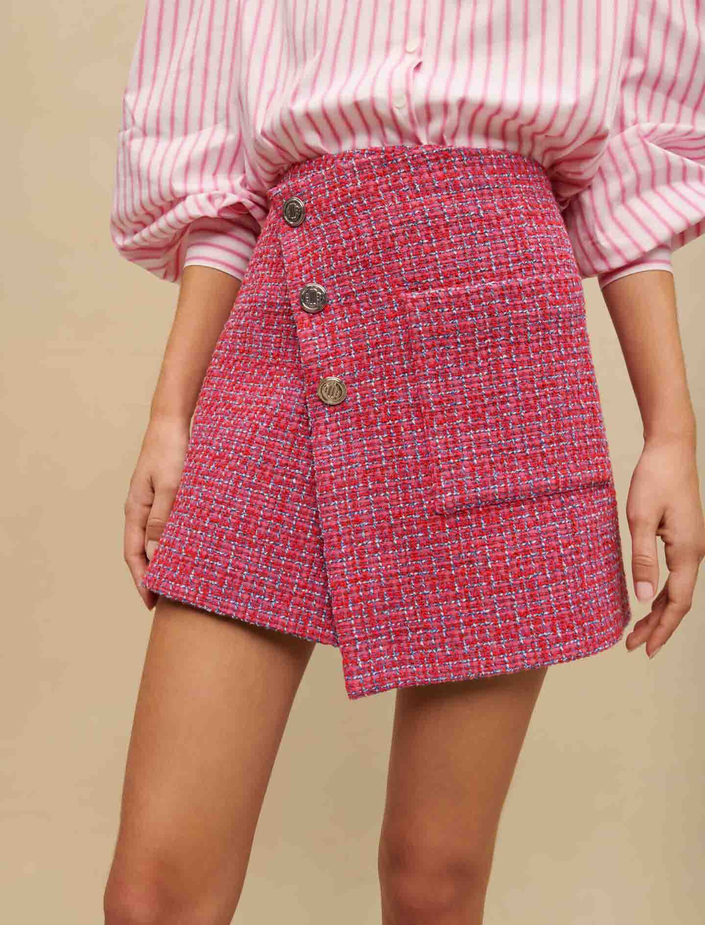 Fustă petrecută din tweed - Fuchsia