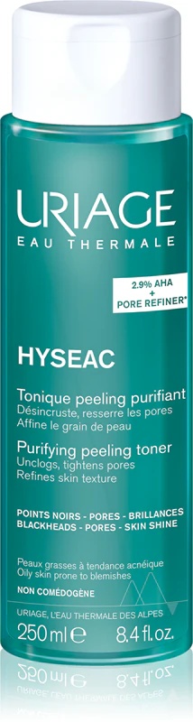 Uriage Hyseac čistilni piling tonik je čistilni tonik, ki uravnava sebum in zmanjšuje pore z AHA.