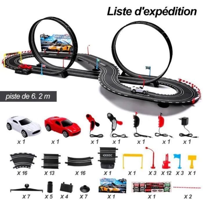 Pista de carreras eléctrica infantil con 2 coches, loop de 360°, modos manual y eléctrico duales, pista de carreras para dos personas.