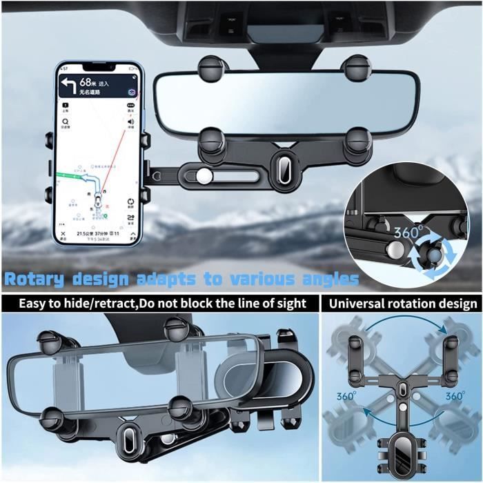 Soporte para teléfono móvil para espejo retrovisor, ajustable, retráctil, con rotación de 360° y soporte de navegación para smartphones de 4 a 7 pulgadas.