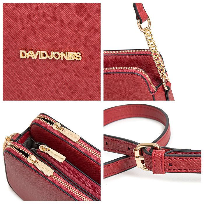 David Jones - Borsa a tracolla piccola da donna - Borsa a spalla in ecopelle con tracolla a catena e 3 scomparti - Borsa multi-tasca - Rossa