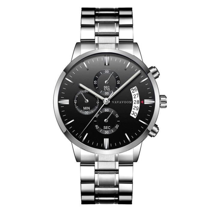 Montre à Quartz pour Homme - Etanche - Bracelet Acier Inoxydable - Cadran Noir, Bracelet Argenté, Aiguilles Argentées