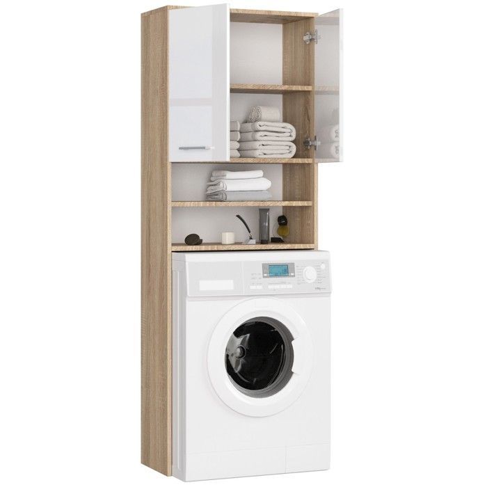 Mueble para lavadora 64x30x180cm - Muebles de baño - Mueble de almacenamiento para lavadero con 2 puertas y 4 estantes - Roble Sonoma + Laca blanca