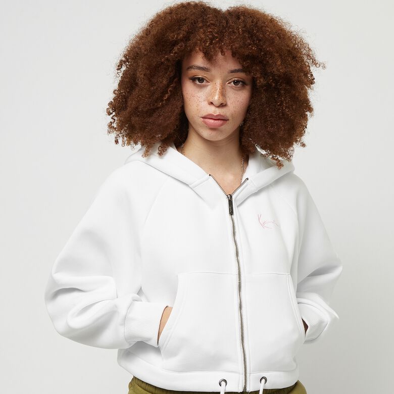 Sudadera con capucha corta con cremallera completa y diseño distintivo del pecho.