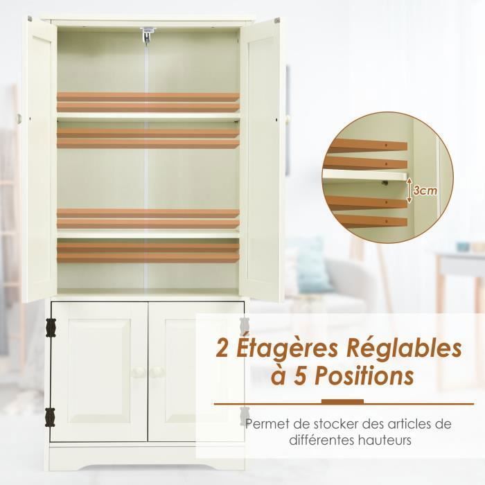 Armario de almacenamiento vintage COSTWAY de MDF con 2 estantes ajustables (5 posiciones) y 2 puertas, dispositivo antivuelco, blanco.