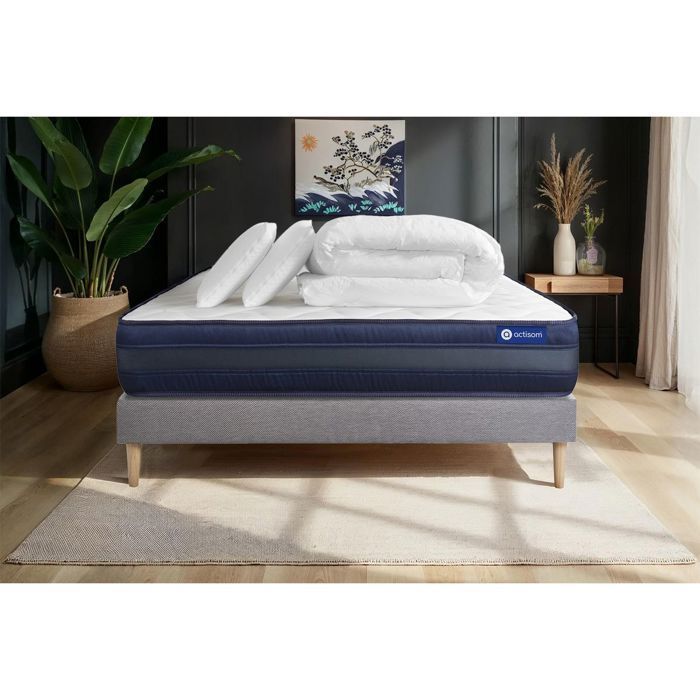 Juego completo de cama de 160x200 cm - Colchón + Base de cama gris (requiere montaje) + 2 almohadas + Edredón - Actilatex Ma