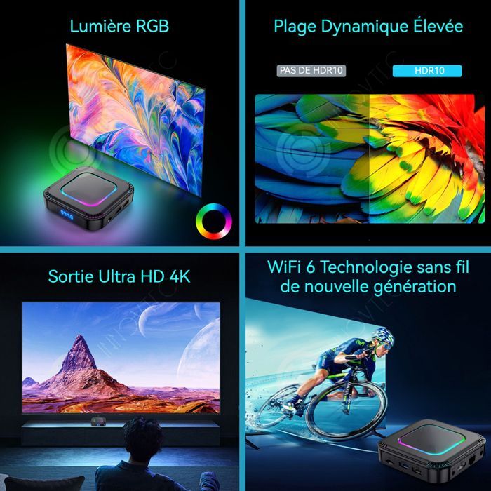 Decodificador INN de 2 GB + 16 GB con Wi-Fi dual y reproductor Bluetooth, incluye luces RGB, salida 4K Ultra HD y Android 13.