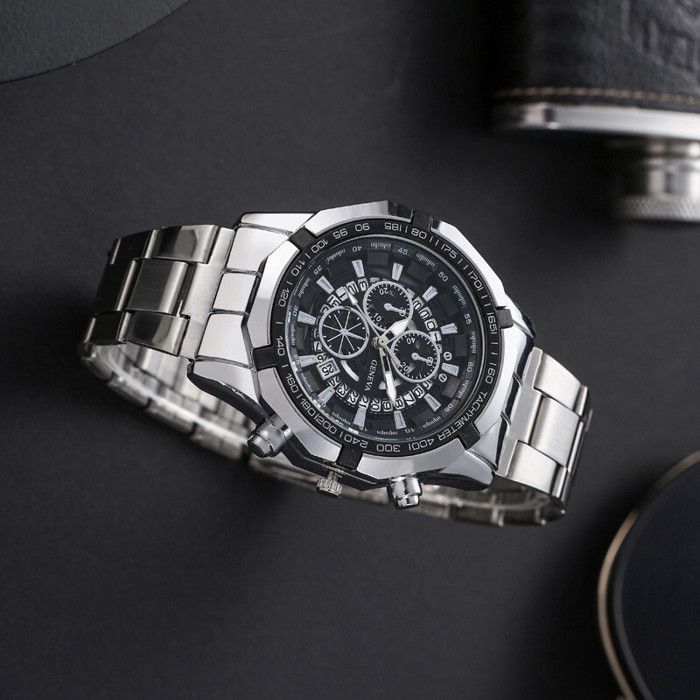 SHARPHY Coffret montre homme + bracelet de perles - chronographe affichage du calendrier bracelet en acier argent cadeau d'anniversa