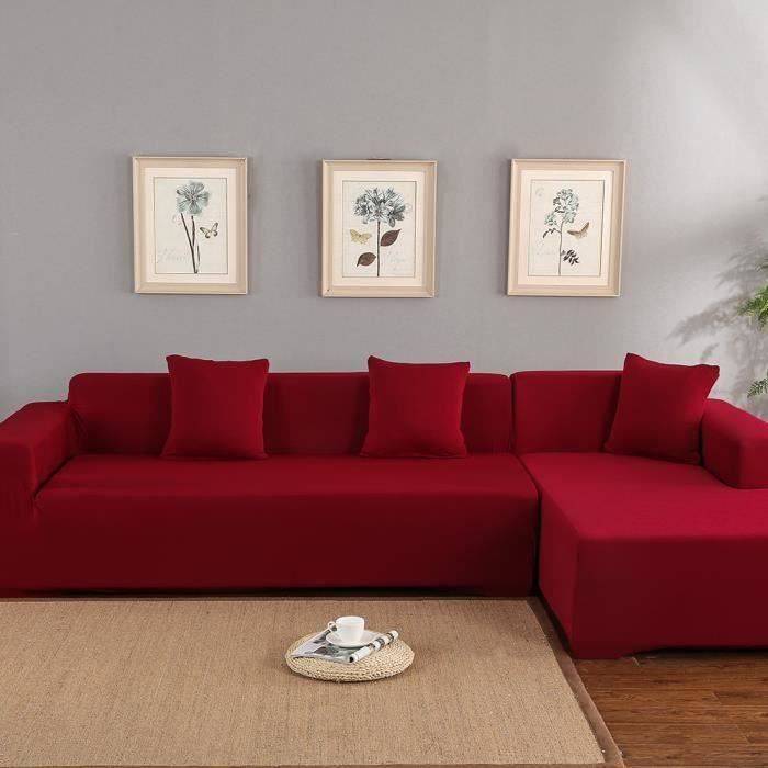 Funda para sofá esquinero de 3+2 plazas en poliéster - rojo vino, suave, lavable y protectora.