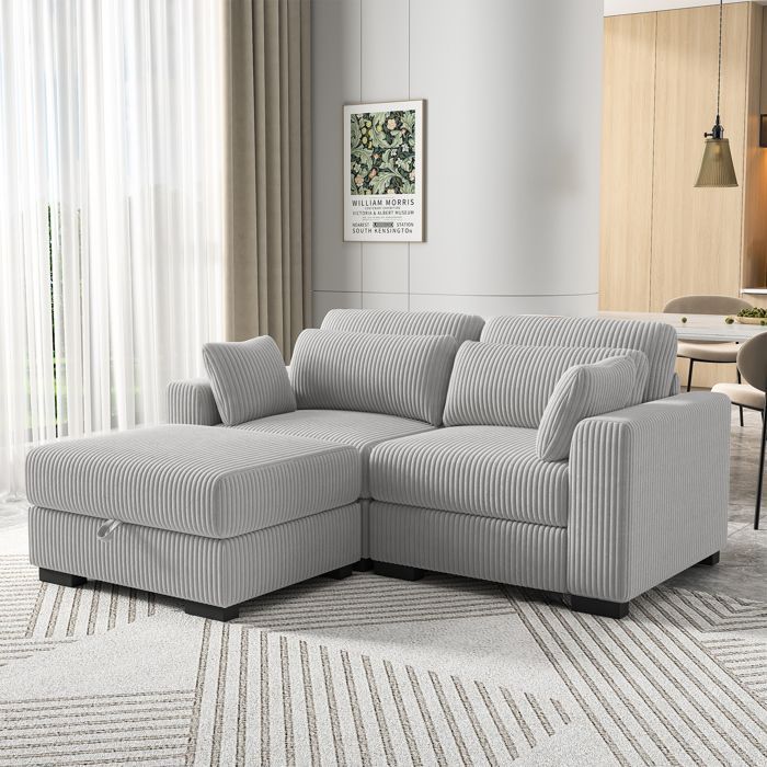 Sofá esquinero convertible de 3 plazas en pana gris. Sillón esquinero reversible con compartimento de almacenamiento y cama modular.