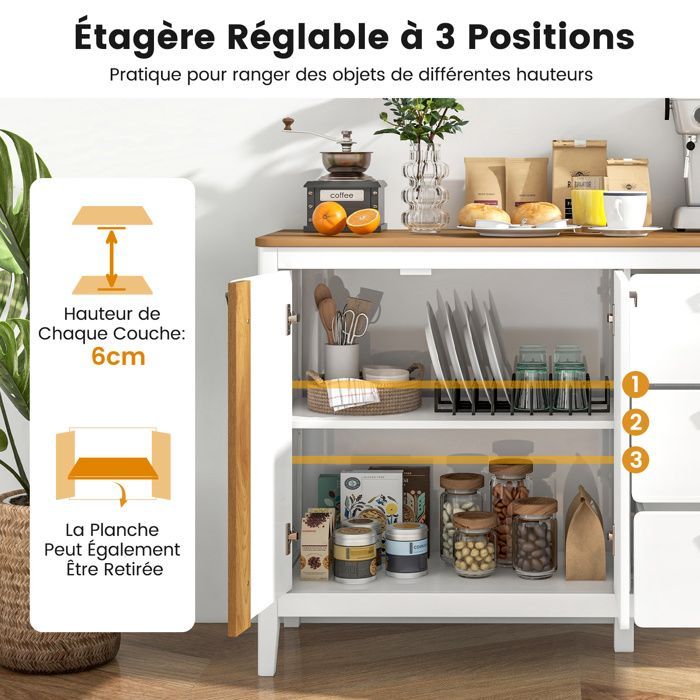 COSTWAY Buffet de Cuisine avec 2 Portes et 3 Tiroirs, Kits Anti-basculement, pour Cuisine, Salle à Manger, Salon, 106 x 40 x 80 cm