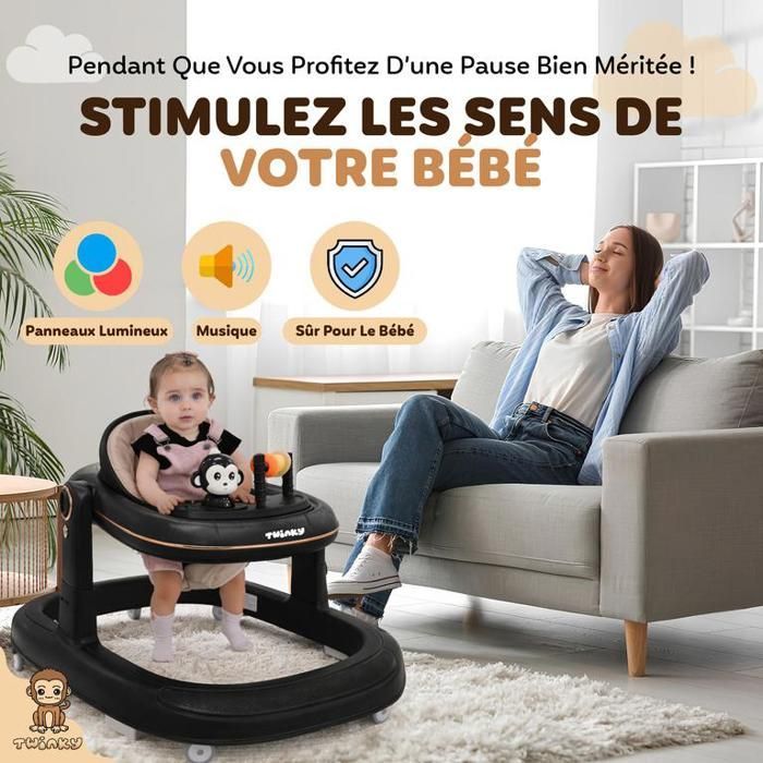 Twinky® Babywalker GO 3 en 1 | Noir | Trotteur Pliable pour Bébés | Interactif, Protection Anti-Basculement