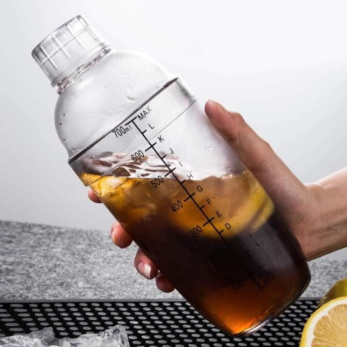 Shaker à Cocktail, 350-700 ml en Résine Plastique Transparente Shaker avec Balance et Passoire Mélangeur pour Maison Bar Lait A27
