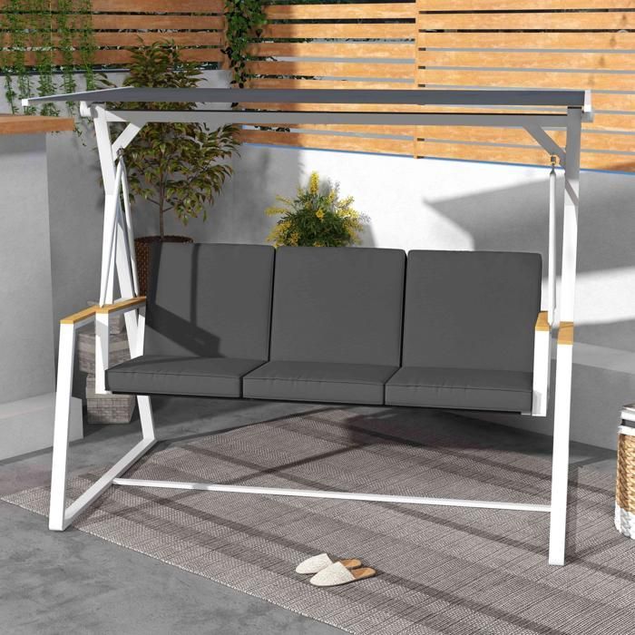 Balancelle de jardin - Outsunny - 3 places avec toit inclinable matelas fourni cadre acier - métal - 205x130x175cm - gris foncé