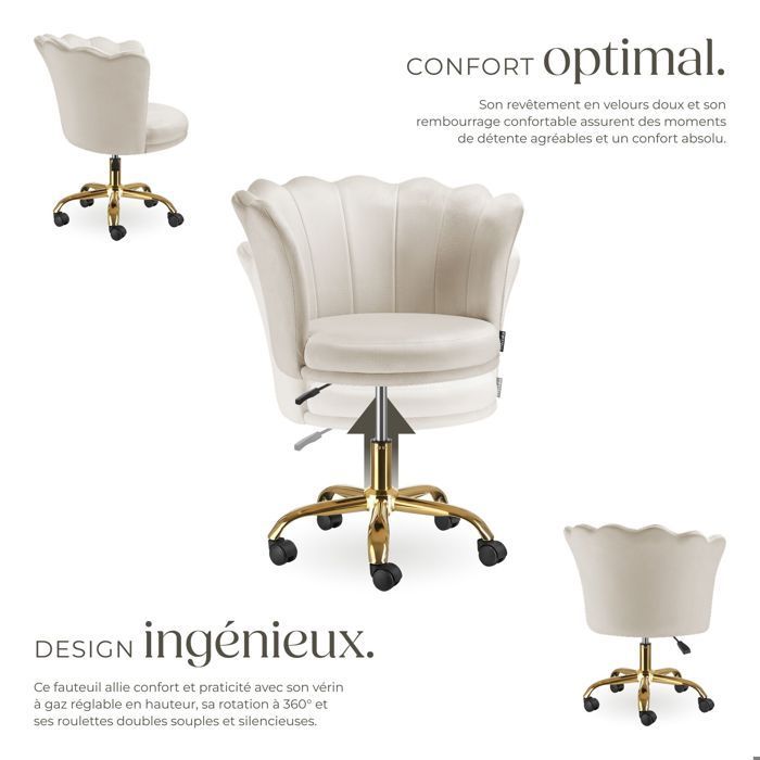Chaise - TECTAKE - Fauteuil de bureau STELLA rembourré dossier en forme fleur avec revêtement velours 65 x 64 x 78 cm - Crème/Or