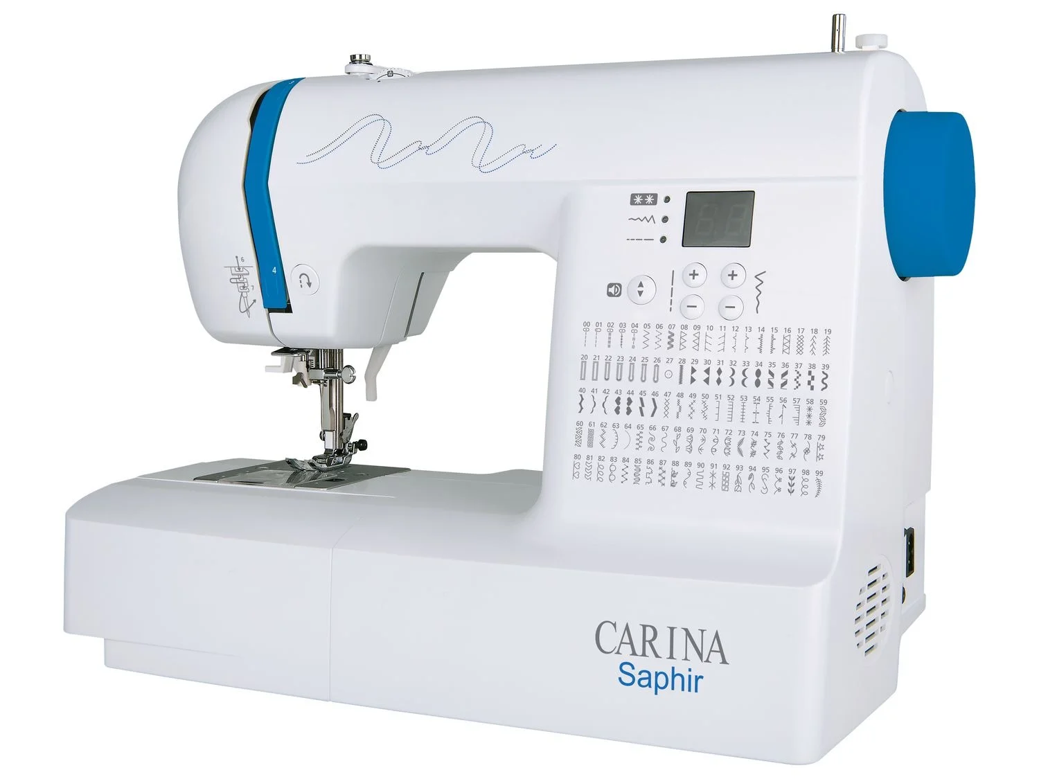 Carina computernaaimachine »Saphira«, 100 naaiprogramma's, 7 knoopsgaten, met verlengtafel