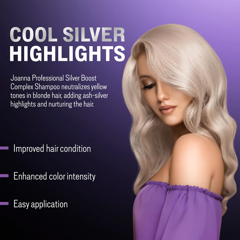 Shampoo roxo Joanna Silver Boost Complex neutraliza tons amarelados.