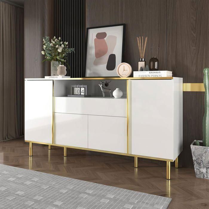 Aparador Lemonbest de 150 cm, blanco brillante, con luz LED, compartimento abierto, 4 puertas y 1 cajón. Cajonera de 150 x 40 x 80 cm.