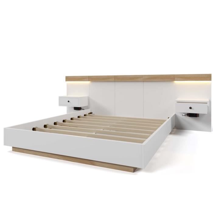 Letto matrimoniale 160x200cm - ModernLuxe - Rovere + Bianco - LED - Porte USB - Comodini sospesi