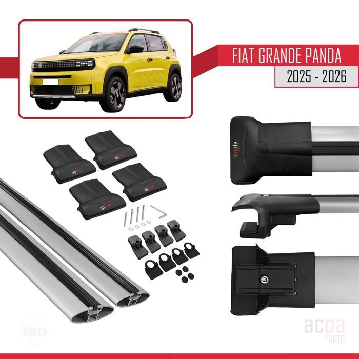 Barras de techo para Fiat Grande Panda 2025-2026, modelo FLY, portaequipajes para coche, aluminio gris, 2 barras.