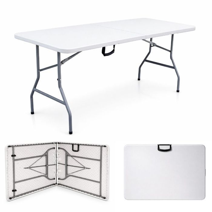 Table pliante 8 Places 180 x 74 x 74 cm,  table extérieur rectangulaire polyéthylène ,  175 kg max, poignée - Blanc- TERRE JARDIN