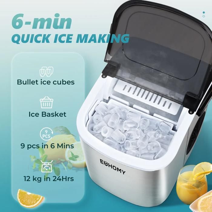 Fabbricatore di ghiaccio EUHOMY - 12 kg/24 ore - 9 cubetti di ghiaccio in 6 minuti - 2 formati - Acciaio inossidabile - Silenzioso - Autopulente - Grigio