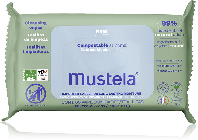 Lenços de limpeza perfumados Mustela Compostáveis para uso doméstico