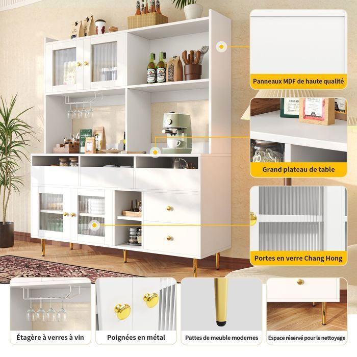 Aparador alto de cocina de 145 x 39 x 171 cm con cajones, puertas, botellero y estantes. Ideal para comedor y cocina. Color blanco.