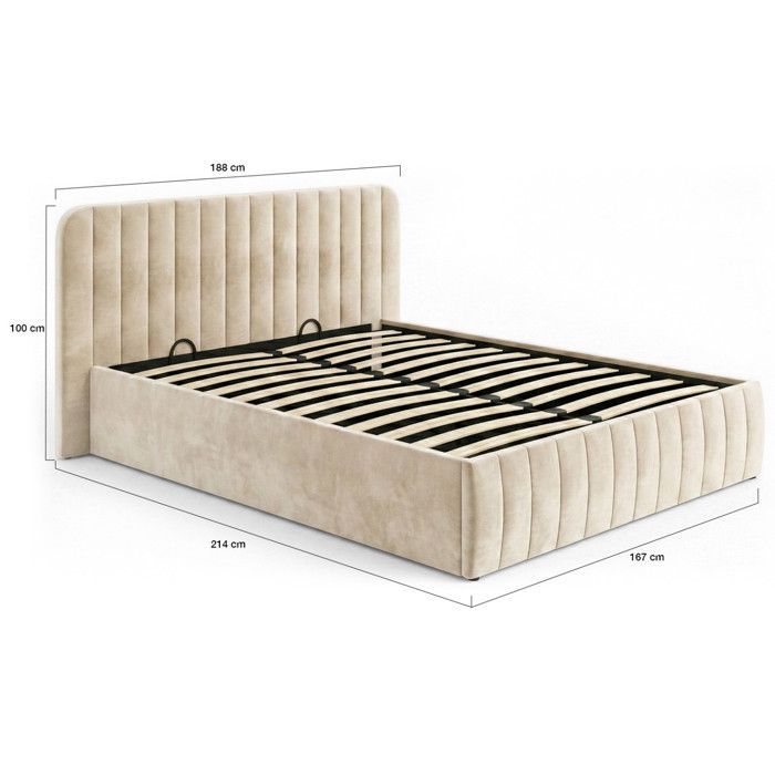Cama doble con almacenamiento IDMARKET ALBA con cabecero y somier de láminas, 160 x 200 cm, terciopelo beige.