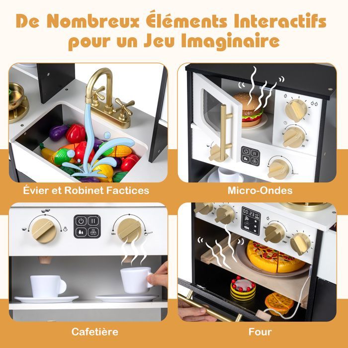 Cocina infantil de madera COSTWAY para mayores de 3 años, 12 accesorios, luces y sonidos, con heladera, microondas y cafetera (negra).
