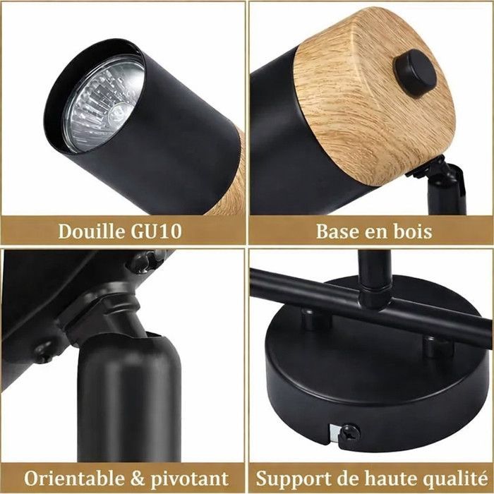 Homefire Plafonnier 3 GU10 Spot Bois - Vintage Noir Spot de plafond Orientable 330° Spot pour salon cuisine hall