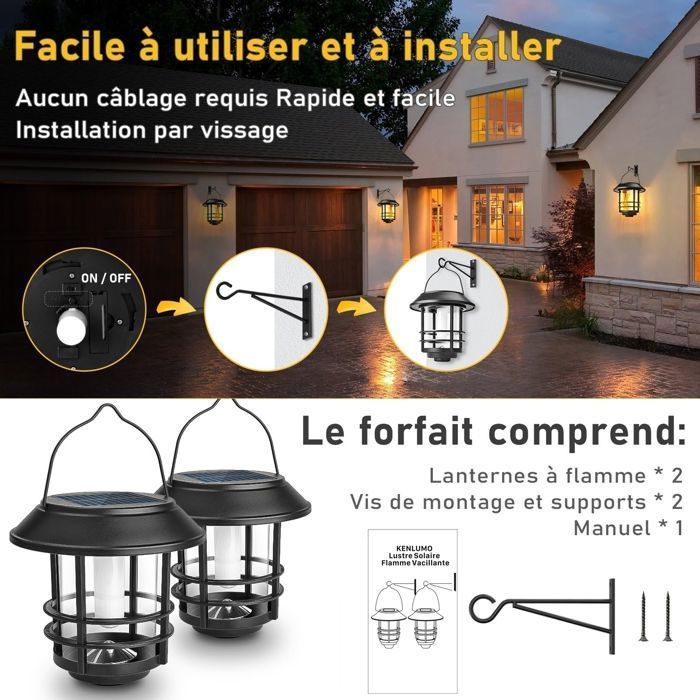Linterna solar LED para exteriores KENLUMO, paquete de 2 linternas solares para exteriores con efectos de llama realistas, resistente al agua IP65.
