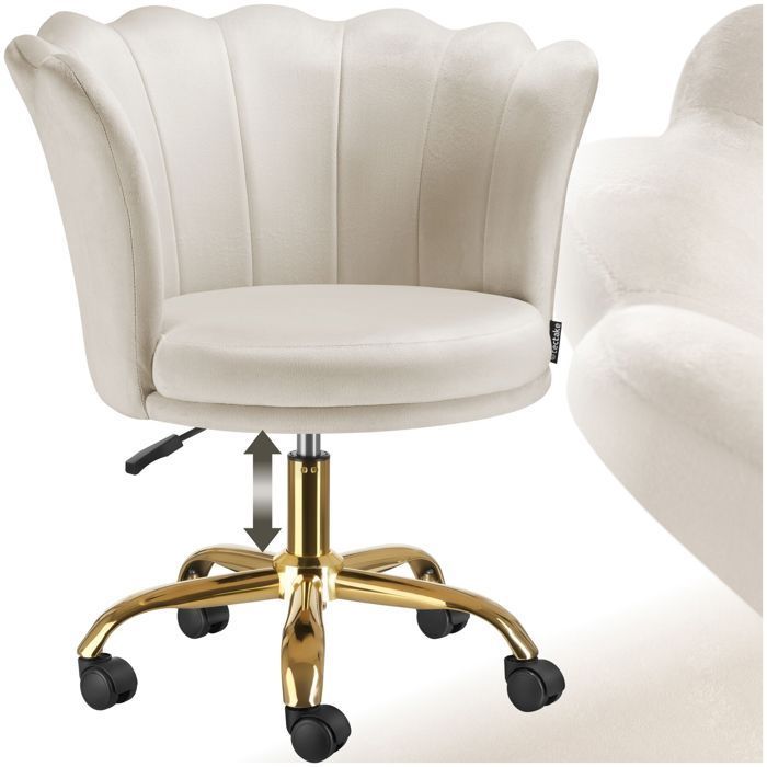Chair - TECTAKE - STELLA upholstered office chair with flower-shaped backrest and velvet covering, 65 x 64 x 78 cm - Cream/Gold