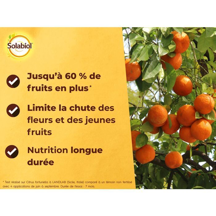 SOLABIOL Engrais agrumes - 1,5kg - Favorise la fructification - Nutrition longue durée - Jusqu'à 60% de fruits en plus - UAB