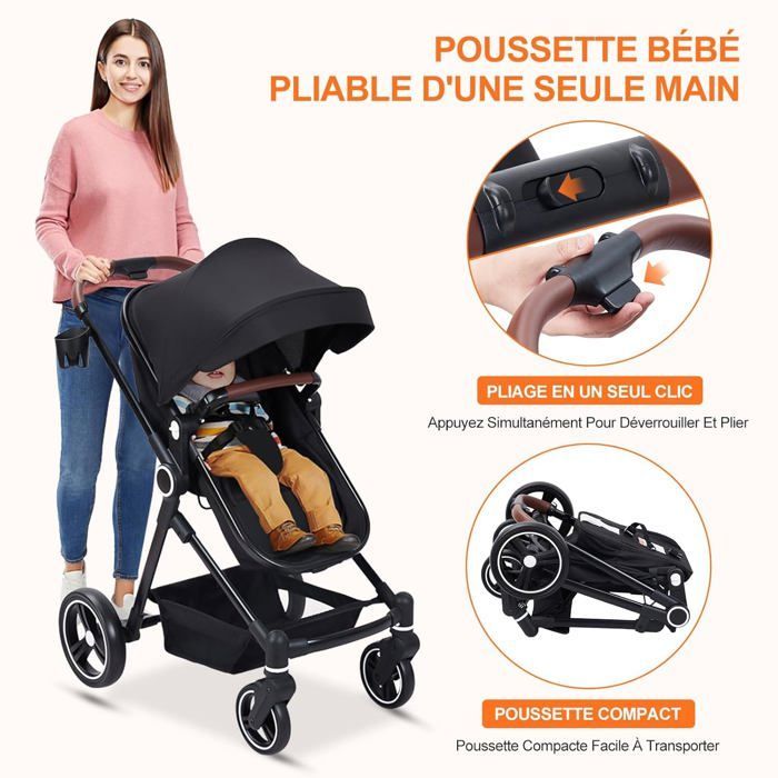 Cochecito 2 en 1, cochecito plegable compacto y ligero con asiento reclinable, cochecito cómodo para bebés de 0 a 3 años, negro.