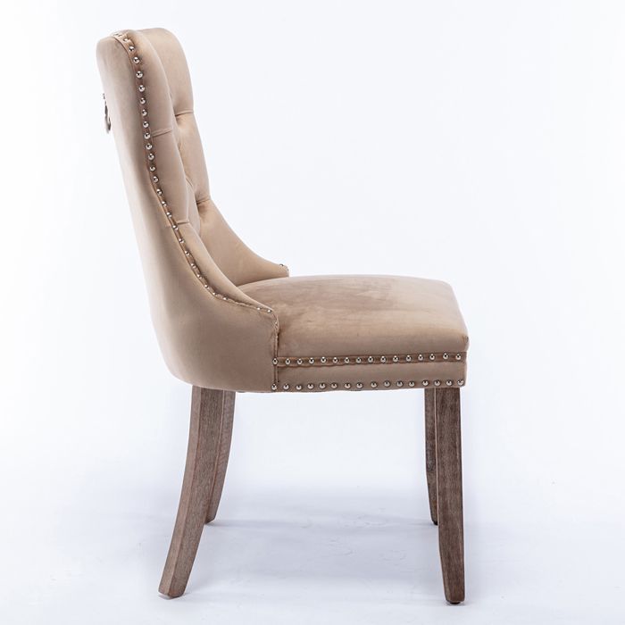 Lot de 2 Chaises de Salle à Manger, Chaise de Cuisine, Dossier à Ailes, Pieds en bois massif, Rembourrée, Kaki velours