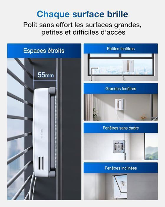 Robô de limpeza de janelas ECOVACS WINBOT Mini, com bicos duplos e pulverização ultrassônica, sistema de proteção de 9 estágios.