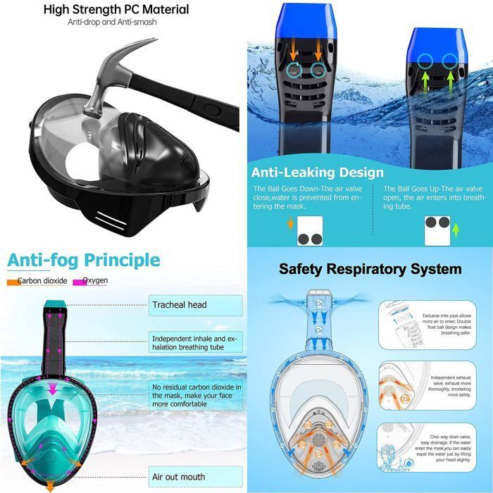Bleu Noir Masque de Plongée Intégral 180° avec Support Caméra de Sport,Anti-buée Masque Snorkeling pour Adultes/Enfants(S/M)
