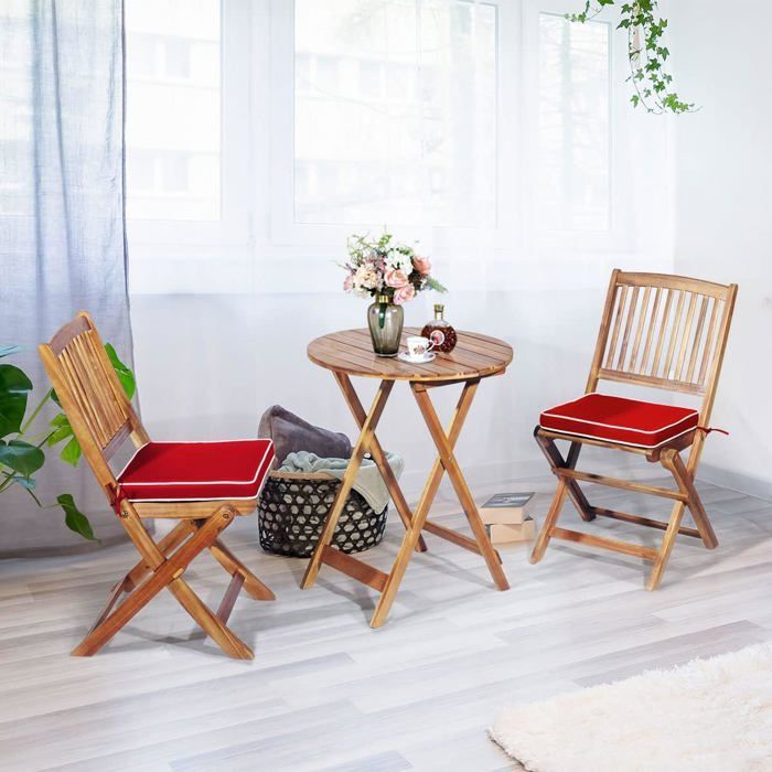 Conjunto de muebles de jardín plegables de madera de acacia de 3 piezas COSTWAY: 1 mesa, 2 sillas, 2 cojines rojos extraíbles - Sala de estar, patio, bistró