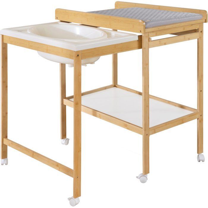 Table à langer avec baignoire coulissante - ROBA - Inclus matelas déperlant Roba style Gris - Tablette de rangement - Bambou naturel