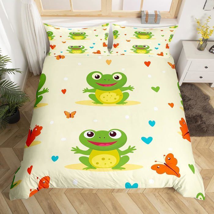 Funda nórdica infantil de rana 140x200cm, juego de ropa de cama Kawaii de dibujos animados de rana y mariposa + 2 fundas de almohada 65x65cm