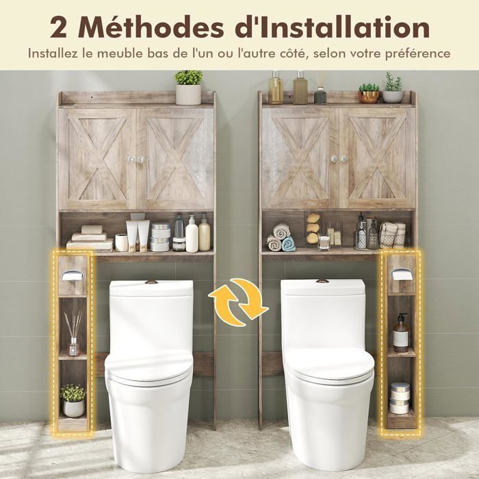 Armario para inodoro COSTWAY con 2 puertas, estante ajustable y portarrollos de papel higiénico para baño, color gris.